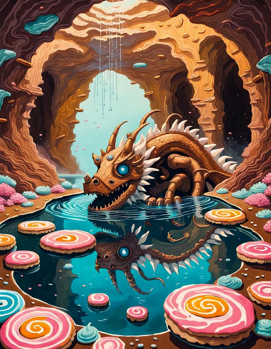 A robot dragon swims in the bottom of a giant grotto pool made of brown coffee, with cookie liliypads floating on it epi...