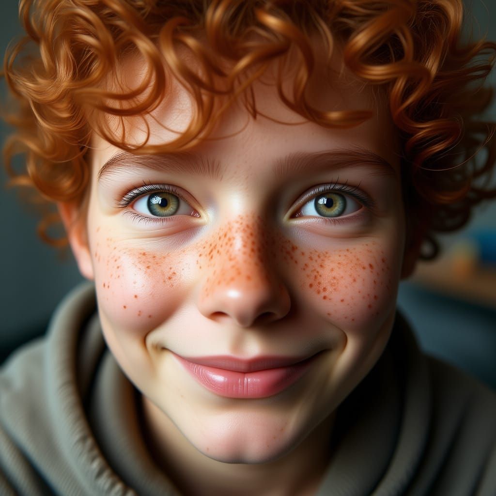 Realistic Macro Portrait of Teenager with Red Hair and Green...
