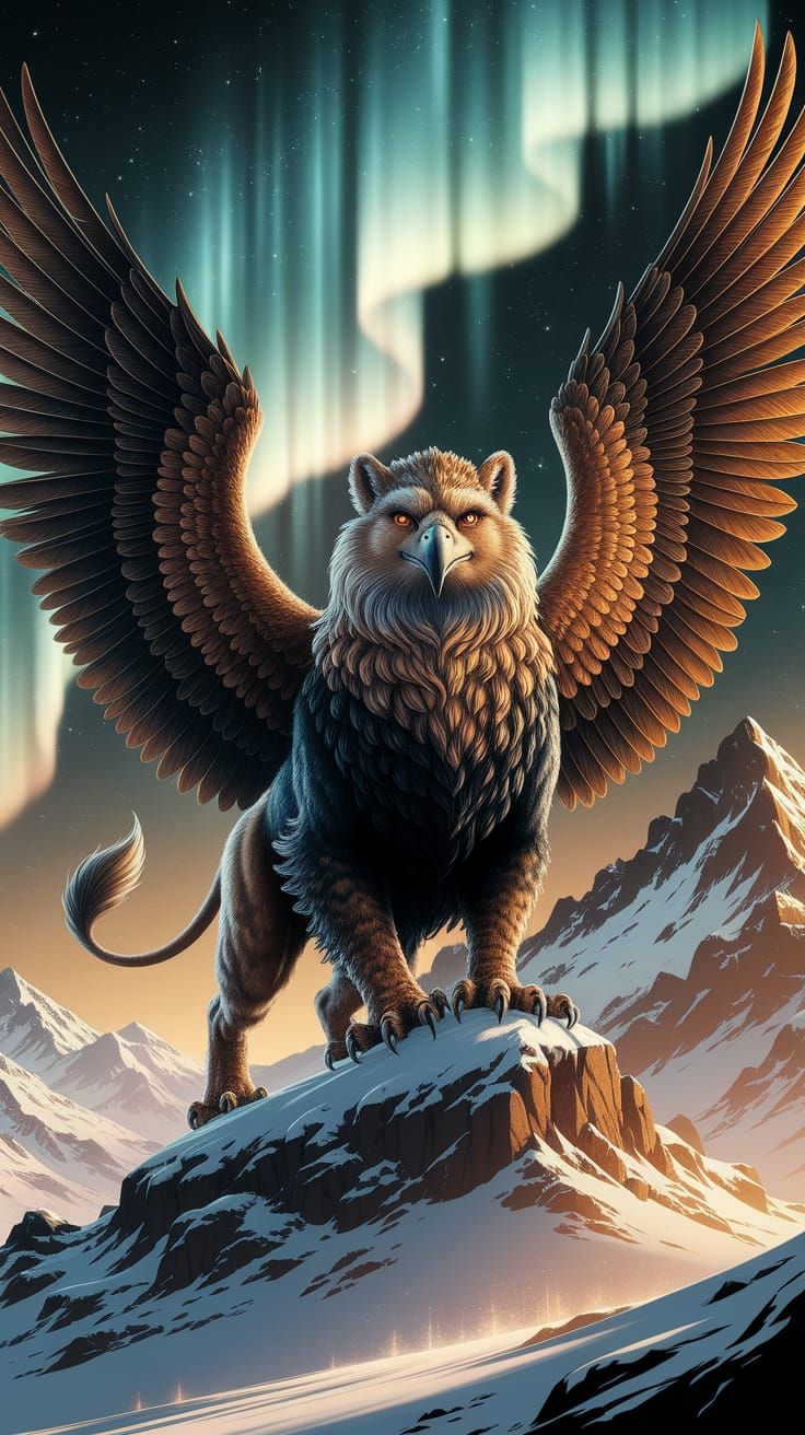 Majestic Griffin in Golden Auroral Landscape