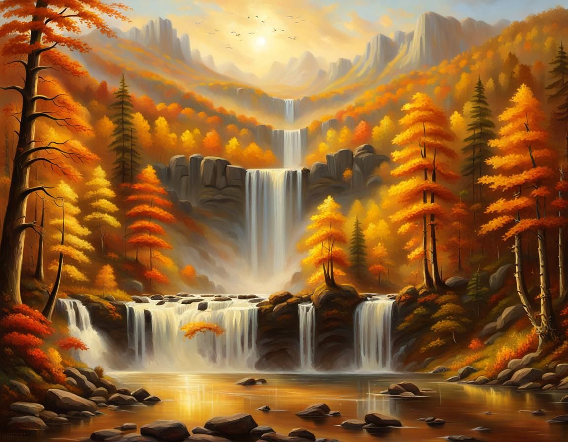 Majestic Waterfall in Autumn Forest Landscape