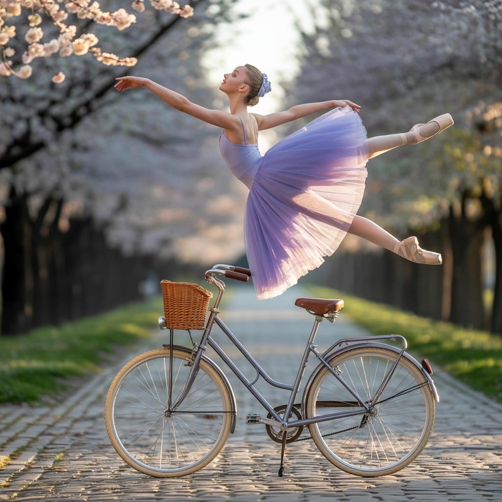 Ballerina Backflips on Vintage Bicycle in Morning Light