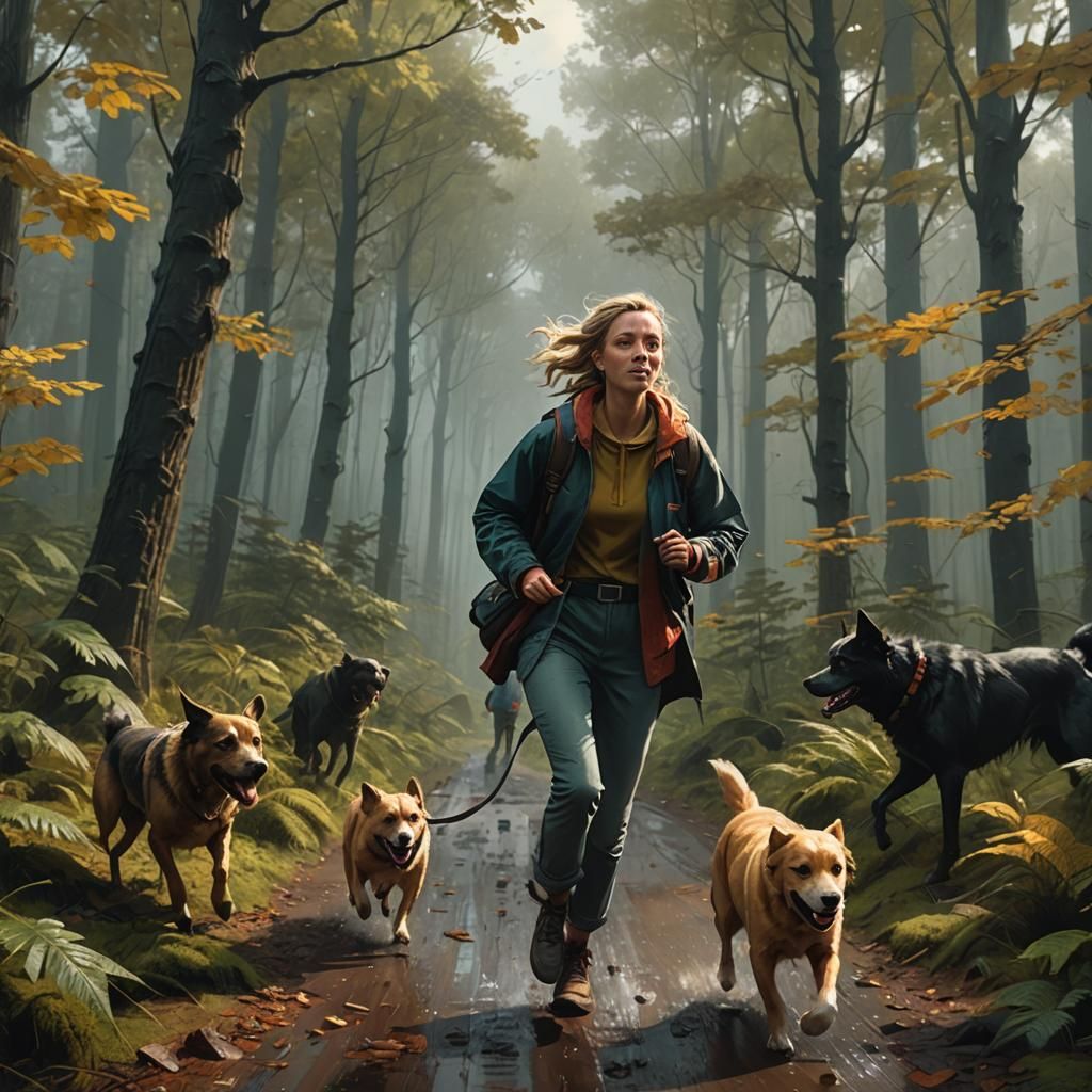 Girl and Dogs in Forest, Fantasy Concept Art