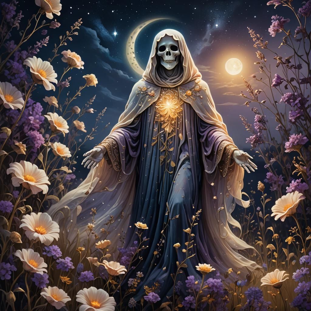 Ethereal Ghost in Moonlit Flower Field
