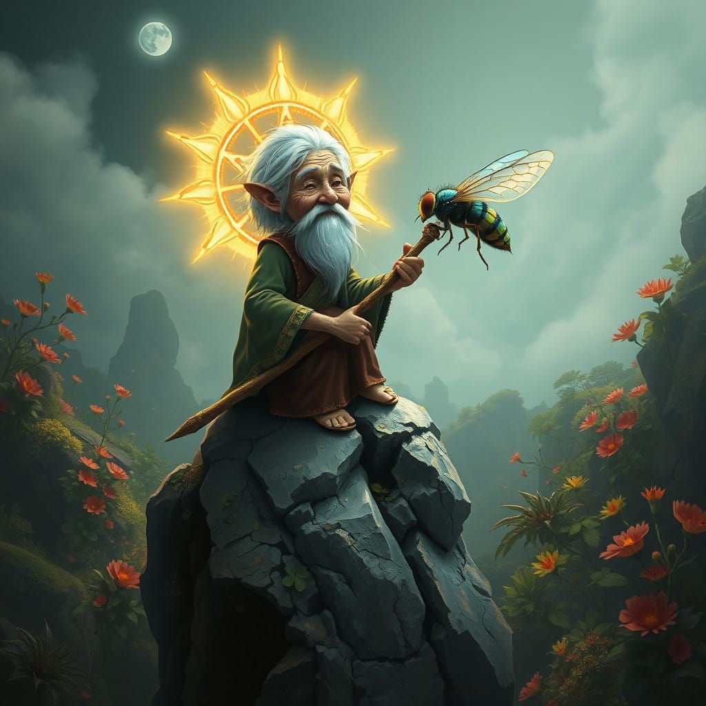 Whimsical Granny Channels Earthly Wisdom in Dreamlike Landsc...