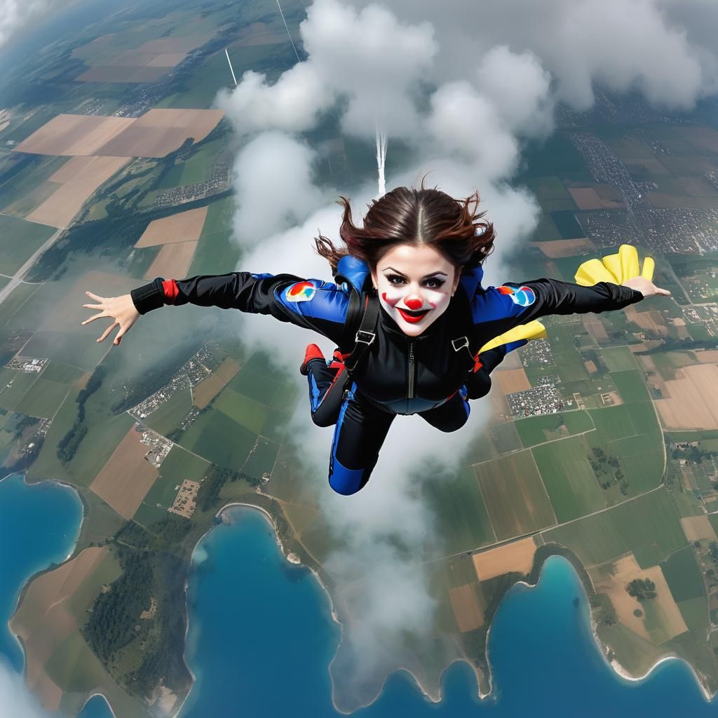 Clown Skydiving in Sleek Black Jumpsuit