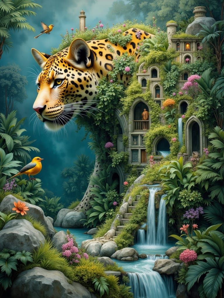 Surreal Leopard Landscape with Waterfalls and Ruins