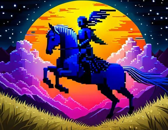 Cosmic Knight Rides in Expressive Pixel Art