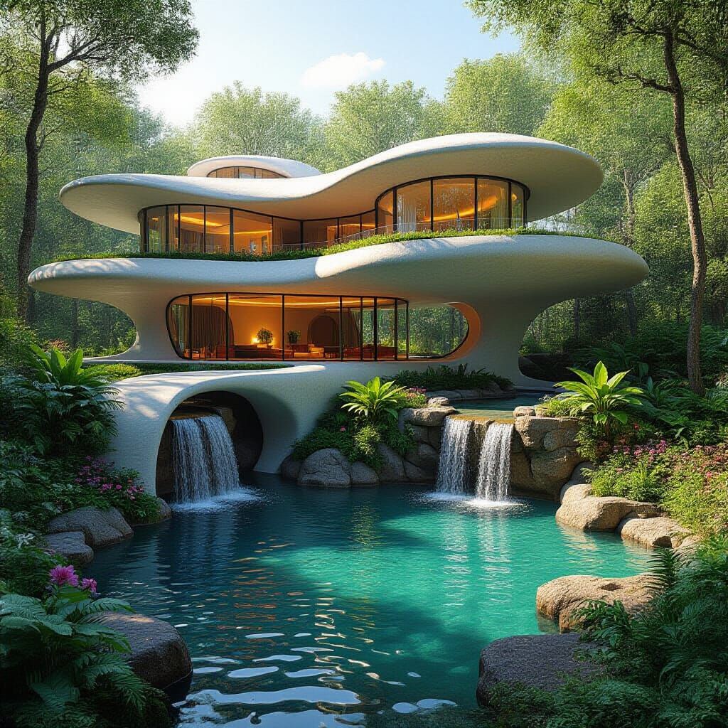 Majestic Cliffside House with Waterfall and Lush Scenery