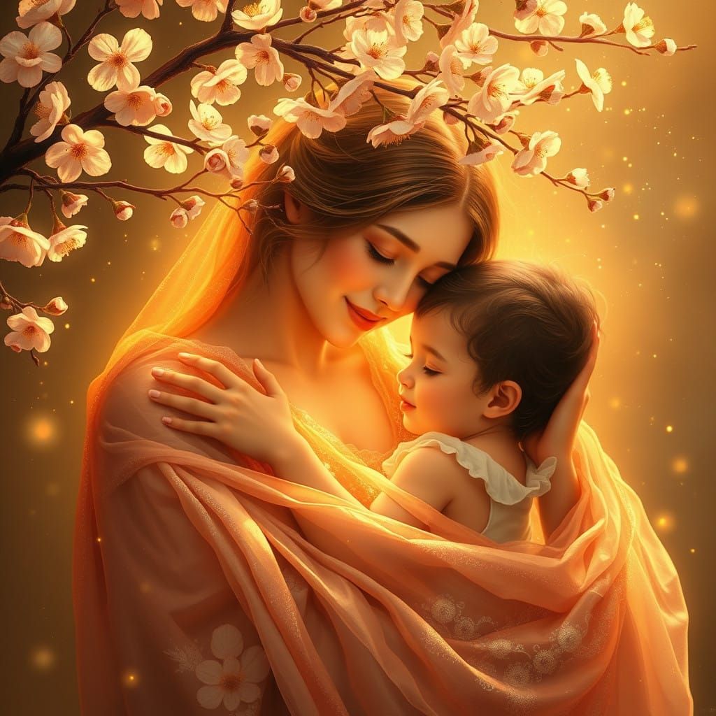 Mother Embracing Child in Golden Aura, Surrounded by Cherry...