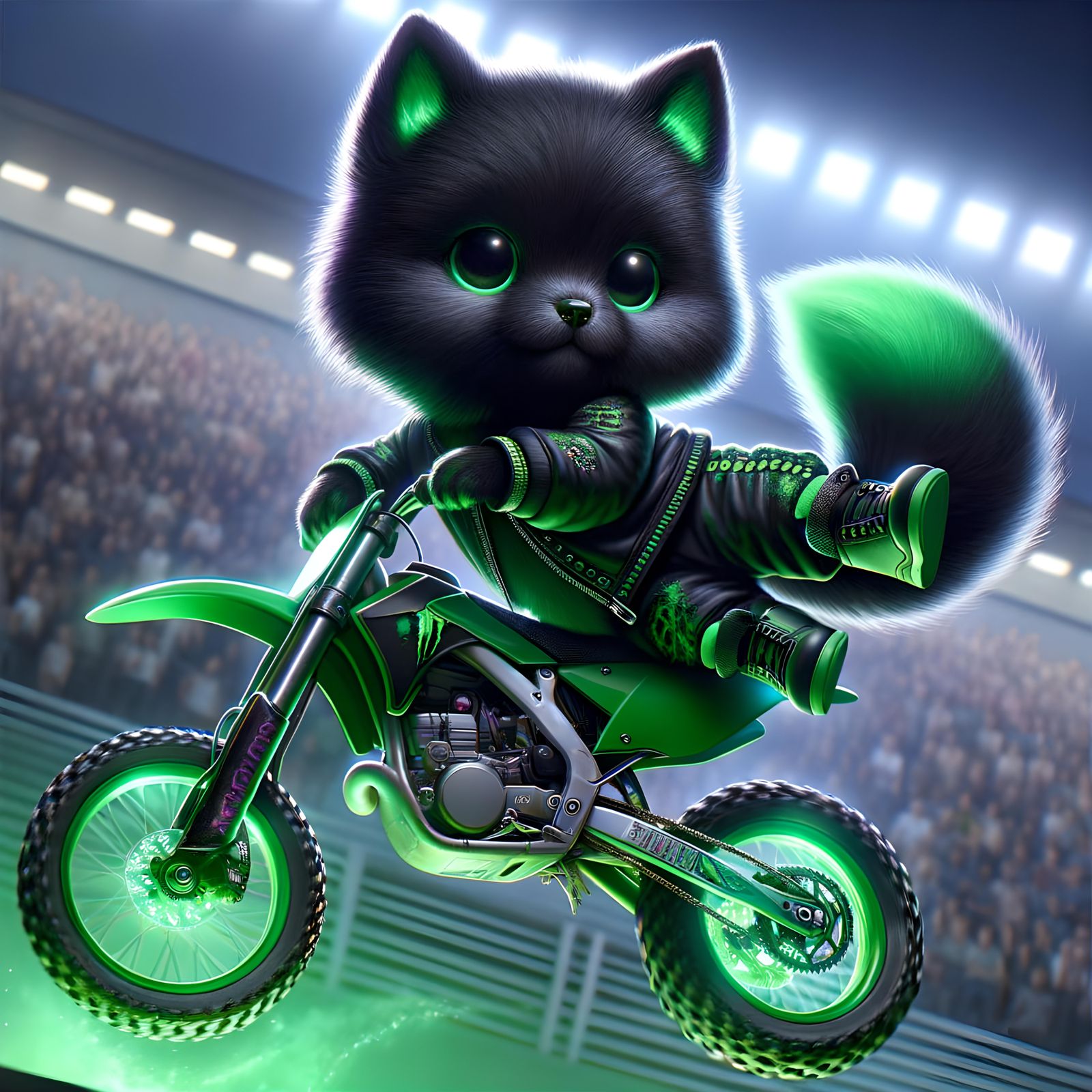 Black Wolf Chibi on Green Dirt Bike Backflip