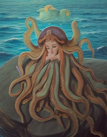 Octopus Woman in Bilibin-Inspired Line Art