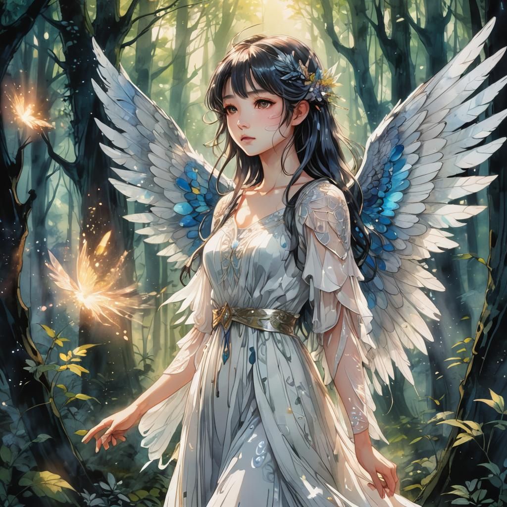 Anime Girl with Wings in Mystical Forest: Watercolor and Ink