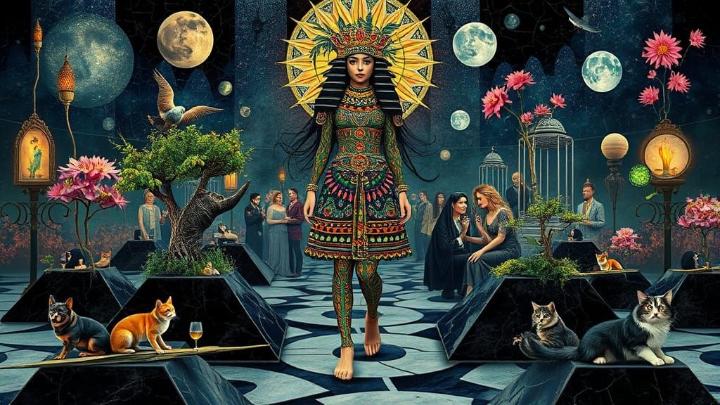 Mystical Woman Walking on Pyramids: Surreal Concept Art