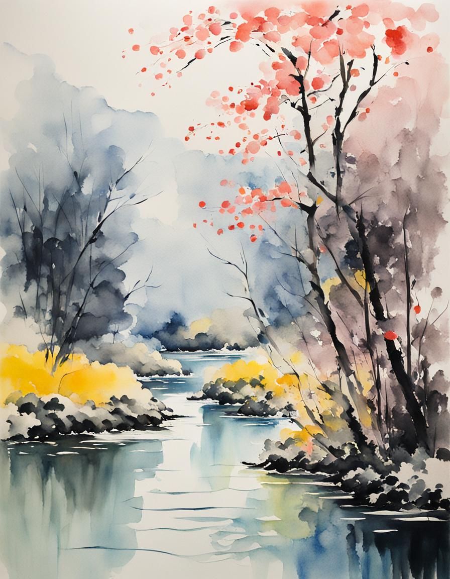 Minimalist River in Spring: Chinese Ink Painting