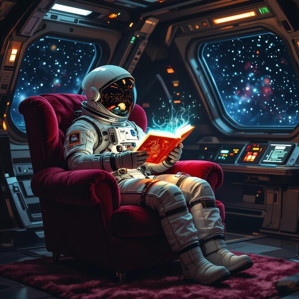 Astronaut Reading Holographic Book in Spaceship Cabin