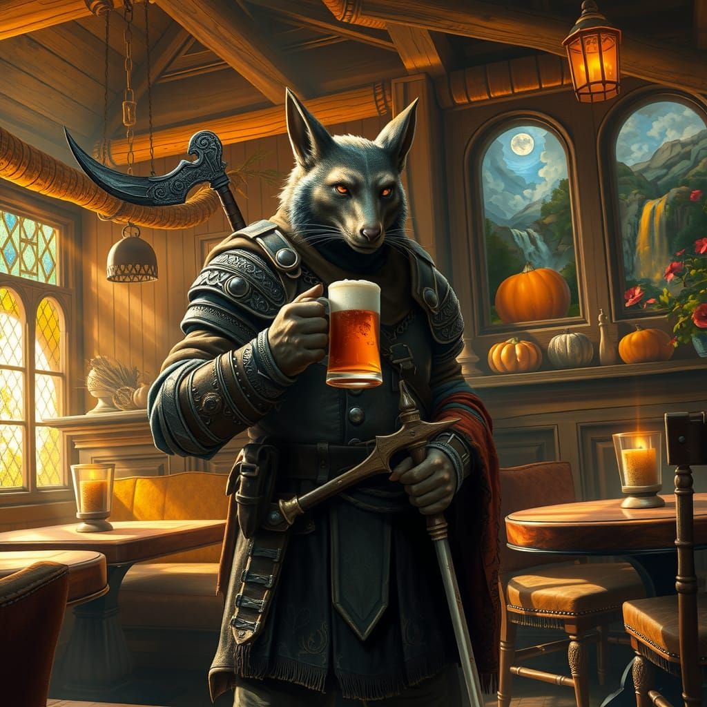 Khajiit Warrior Sipping Ale in Autumn Tavern