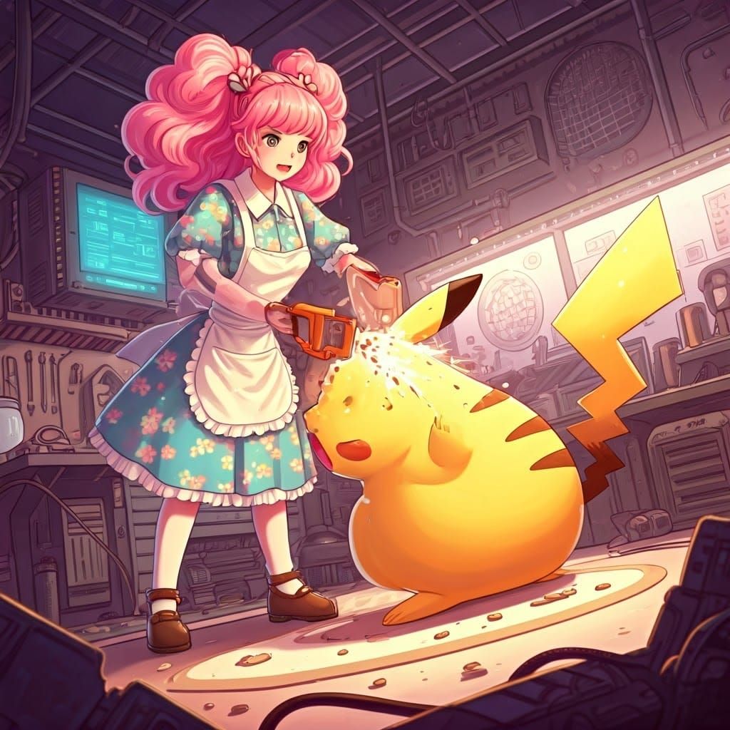 Anime Girl Cuts Pikachu Sculpture in Sci-Fi Lab