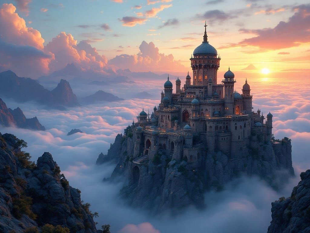 Ethereal Moorish Castle Soars Above the Clouds at Dusk