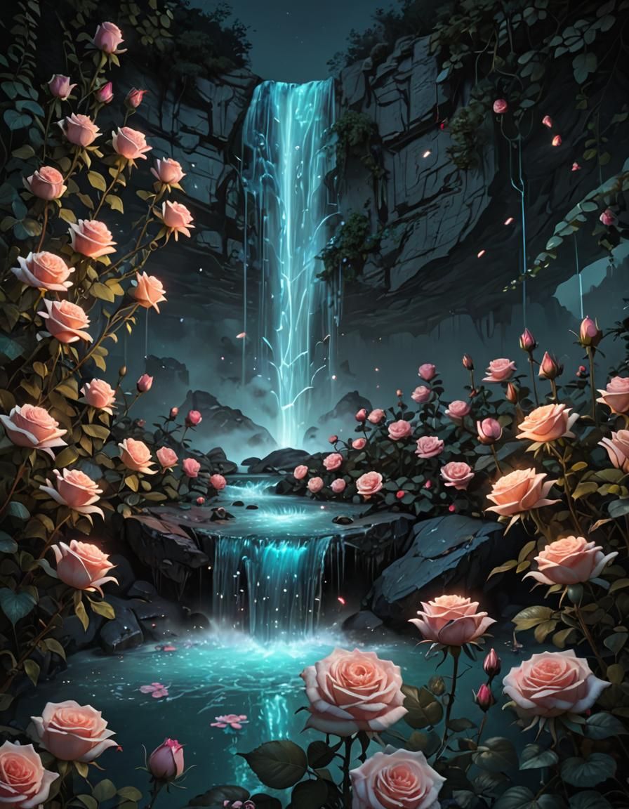 Bioluminescent Waterfall and Roses in Ultra Realism