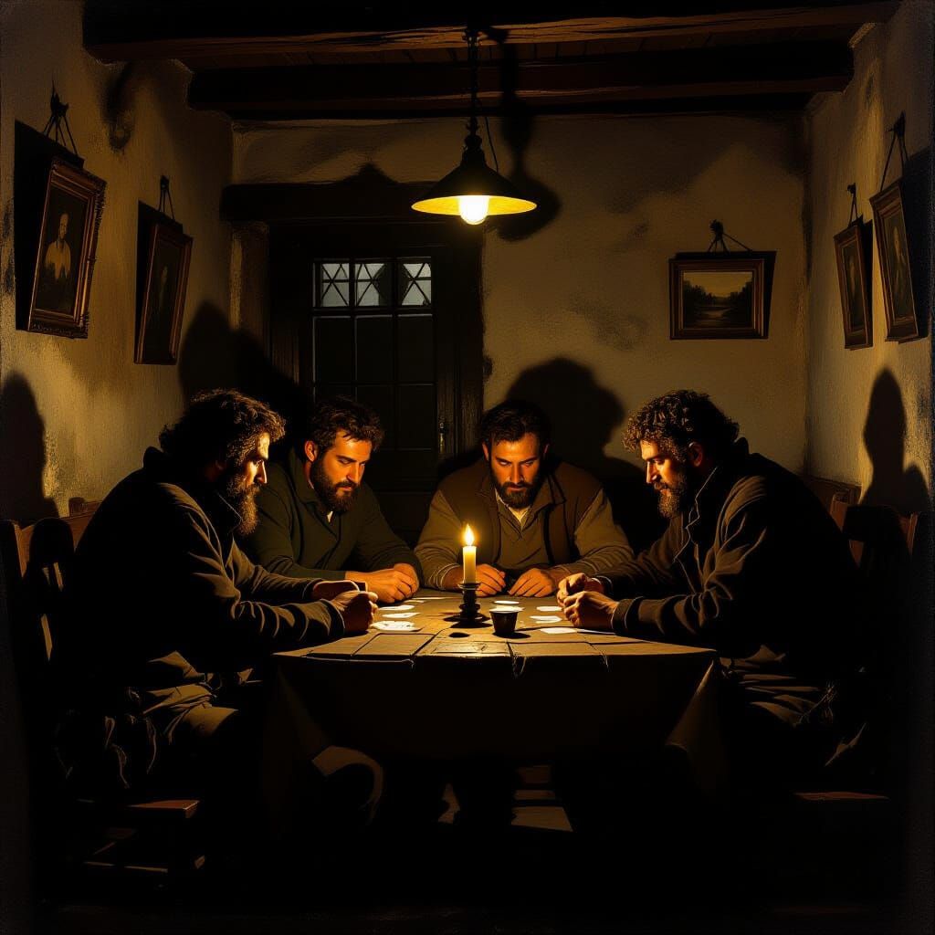 Caravaggio-Inspired Card Players in Dim Tavern Light