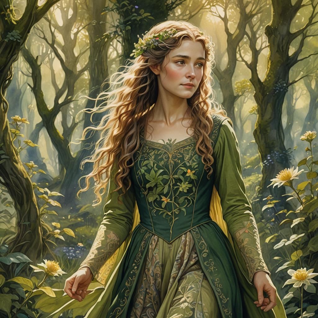 Hobbit Woman in Shire, Watercolor Style