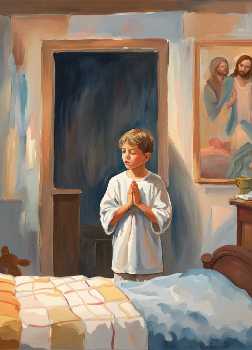 Boy Praying with Jesus: Gouache Watercolor Style
