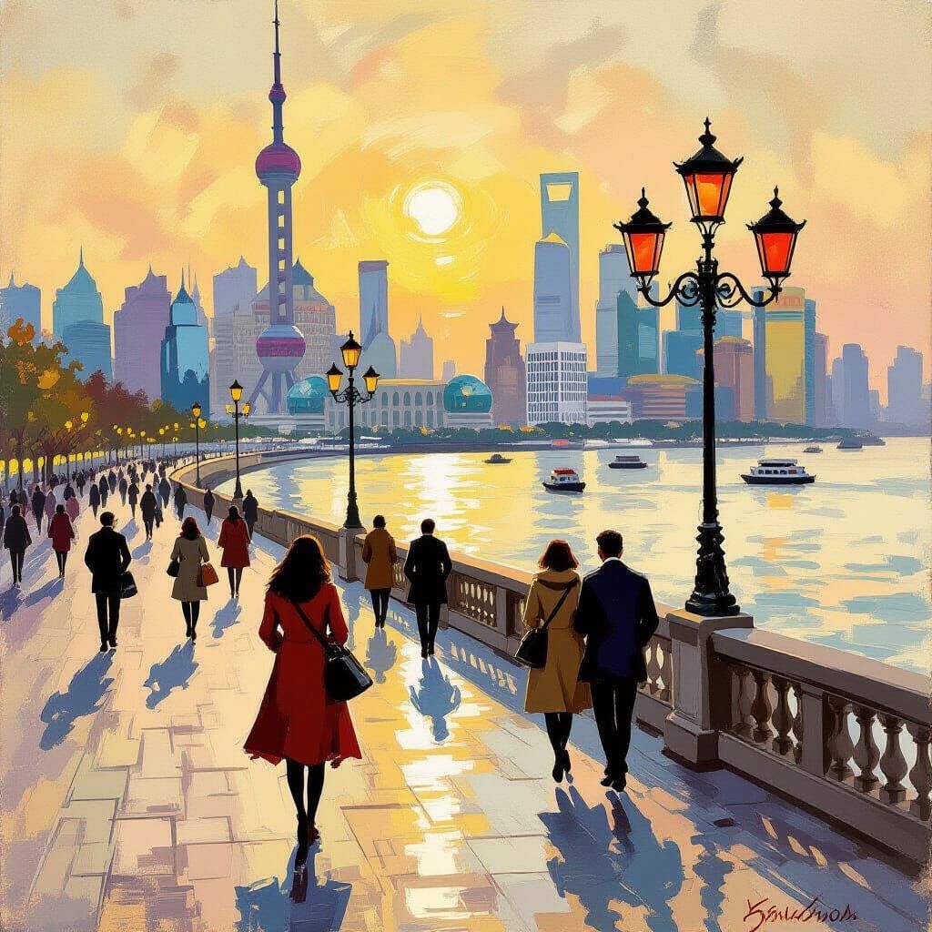 Shanghai Bund Scene in Impressionist Realist Style
