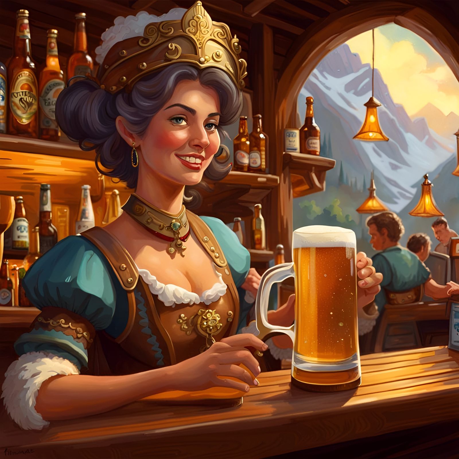 Fantastical Swiss Lady Serving Beer, Kinkade Style