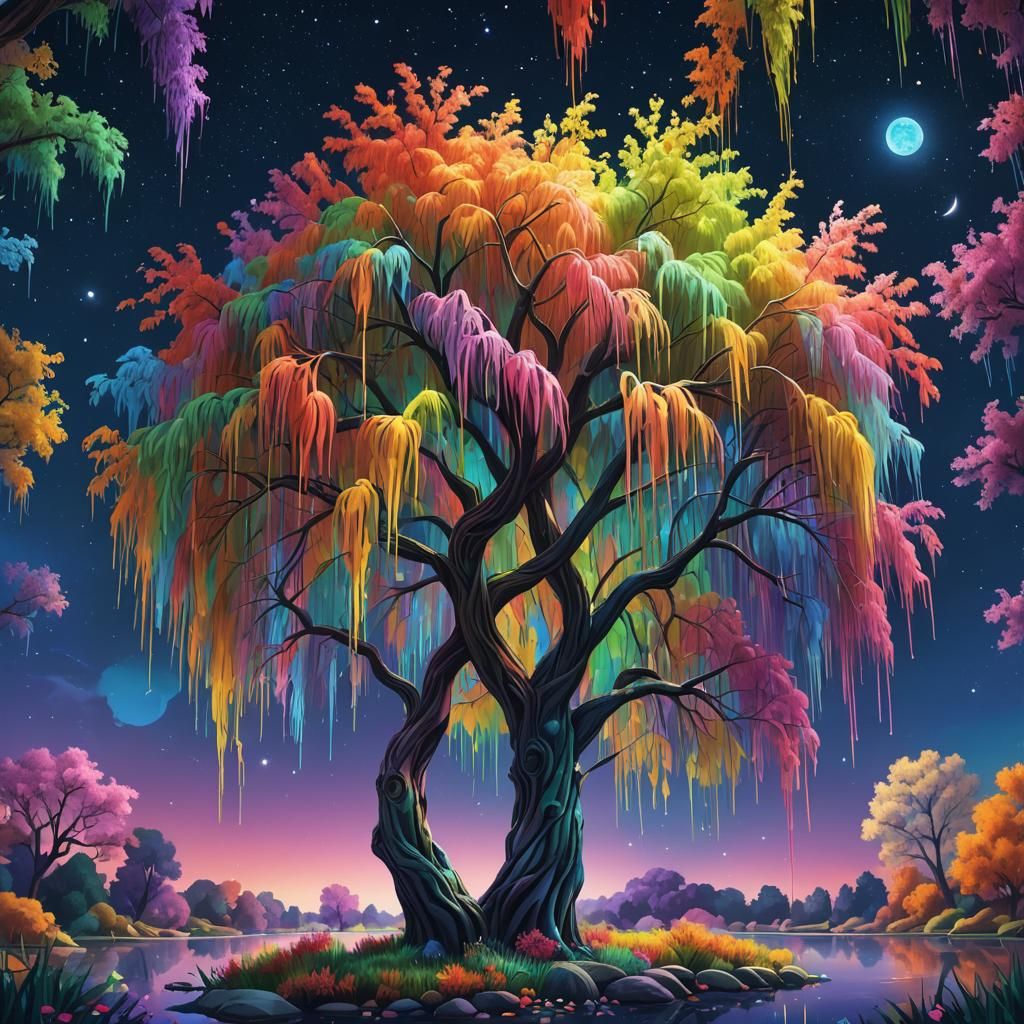 Rainbow Weeping Willow in Candy Art Style