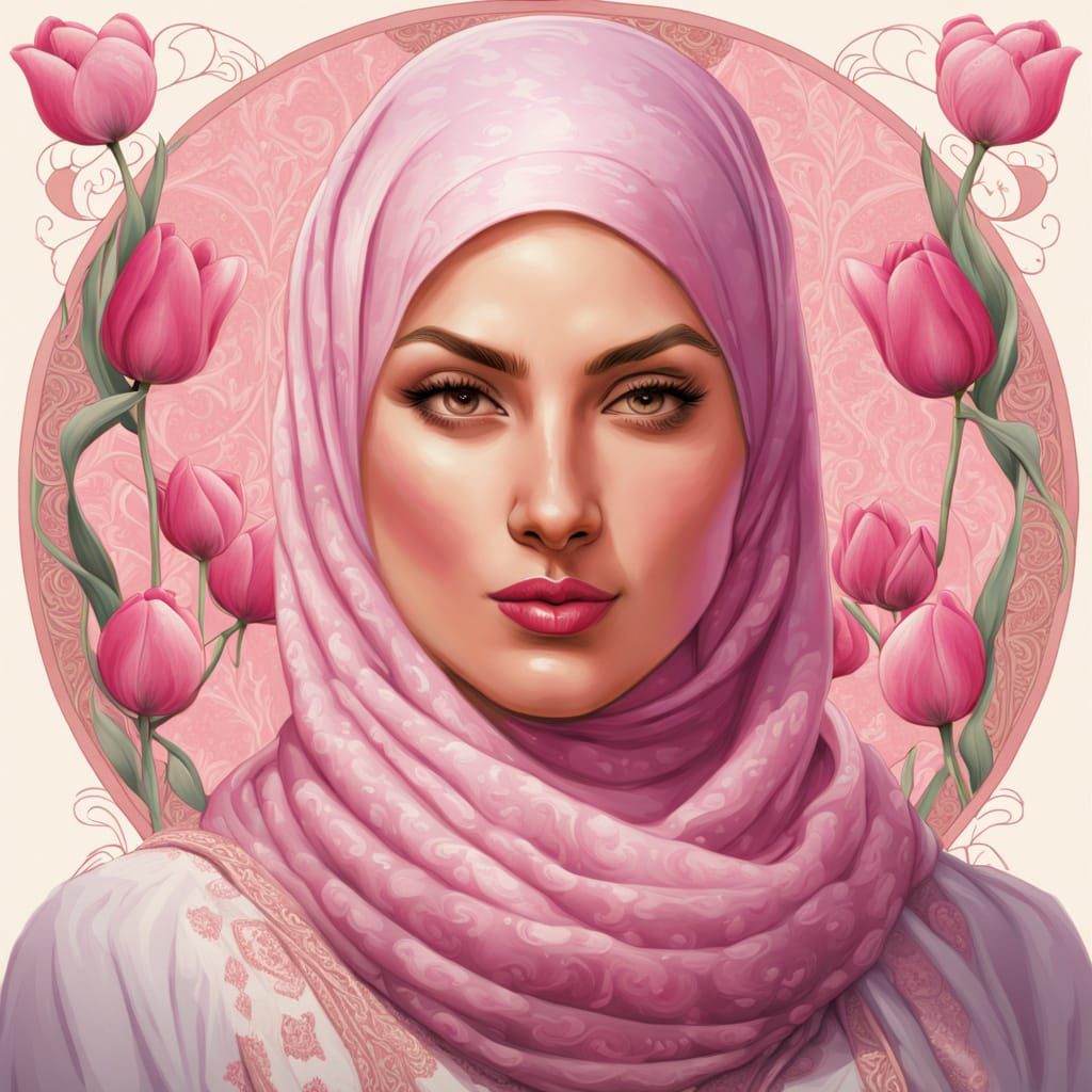 Elegant Woman with Tulips in Art Nouveau Style