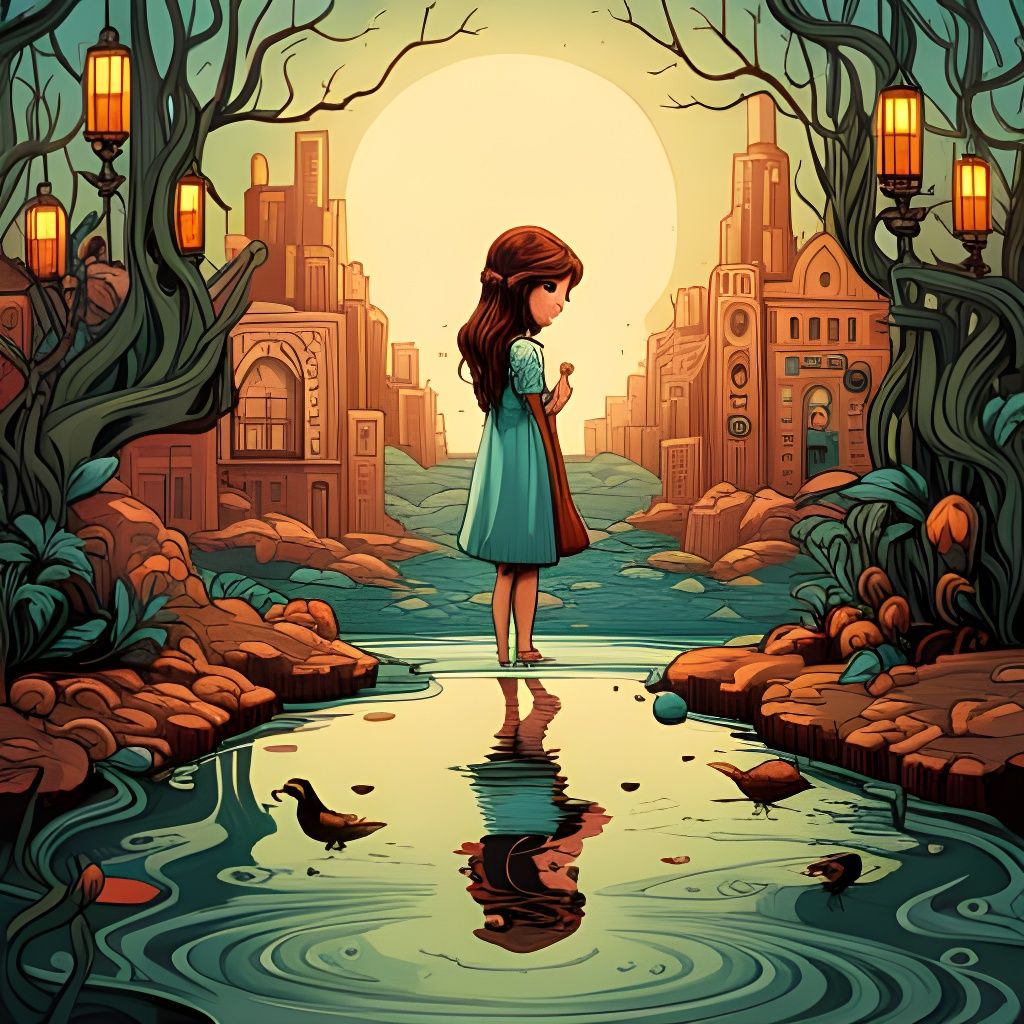 Girl Reaching for Mirrored Reflection: Digital Art