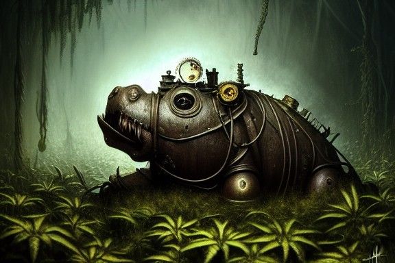 Steampunk Hippo Covered in Moss, Digital Illustration
