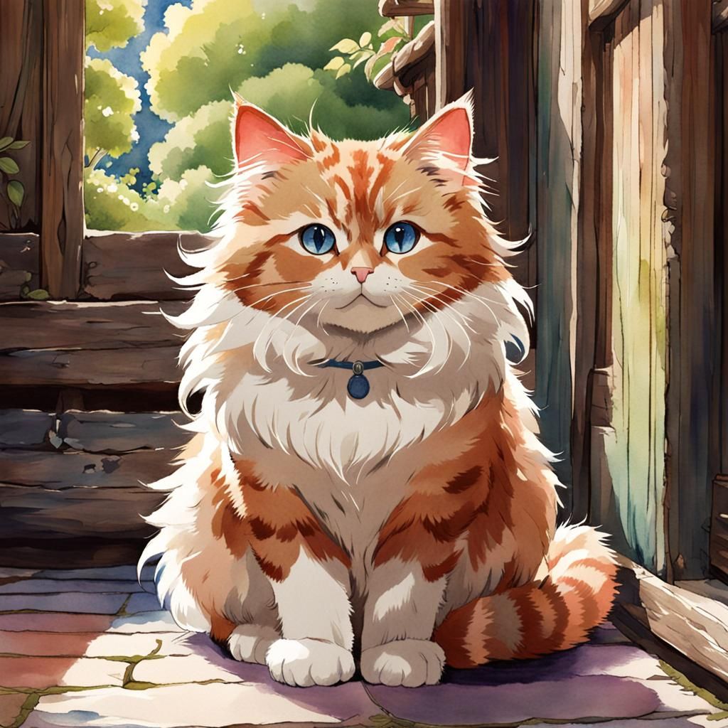 Cute Anime Cat in Soft Watercolors