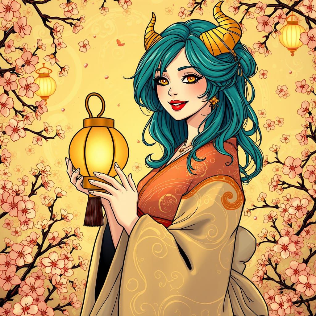 Whimsical Kimono Maiden in Cherry Blossoms