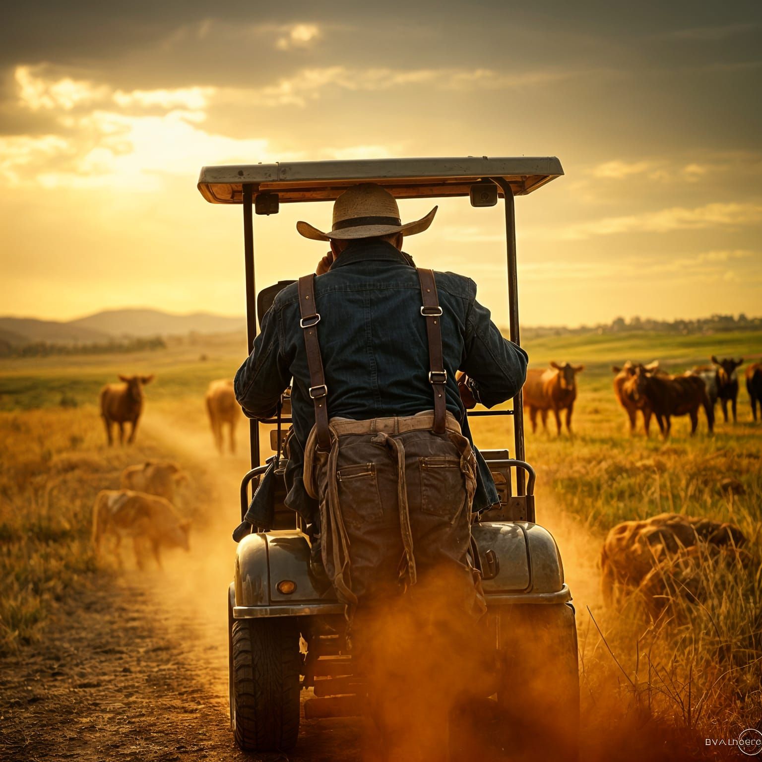 Hyperrealistic Cowboy Wrangling Cows in Golf Cart
