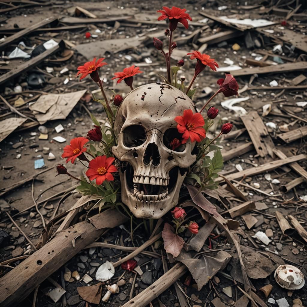 Blooming Flower in Wasteland, Dark Fantasy Art