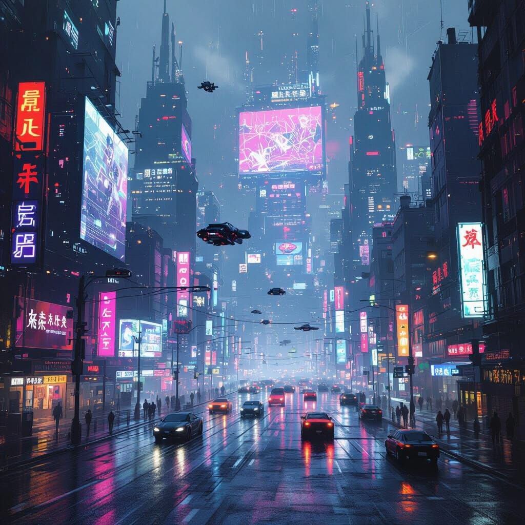 Cyberpunk Cityscape at Night with Neon Reflections