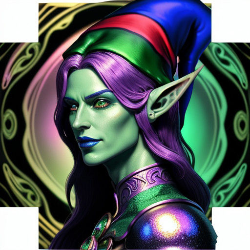 Mauve and Lime Christmas Elf in Whimsical, Air-Brushed Fanta...