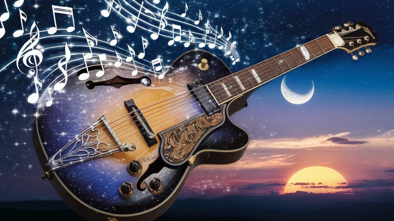 Guitar Starry Night Double Exposure, Dreamlike Ambiance