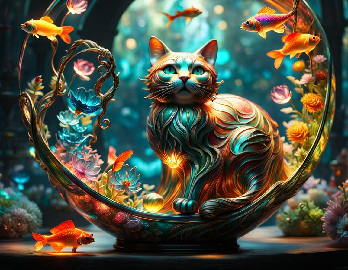 Illuminated Glass Cat Catches Fish, Fantasycore Art