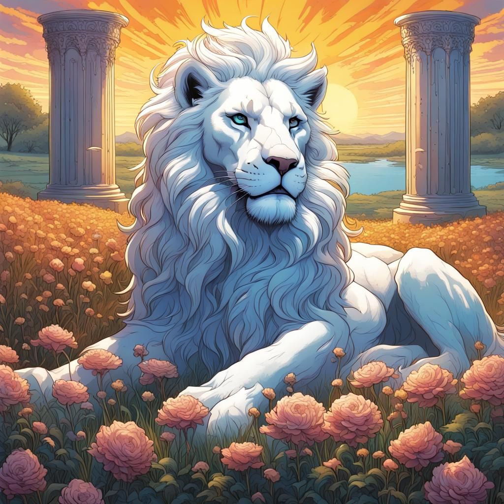 Majestic White Lion in Gothic Fantasy Landscape
