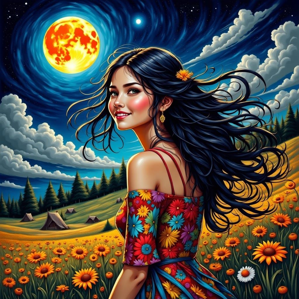 Hippy Girl in Wildflower Field Under Moonlight