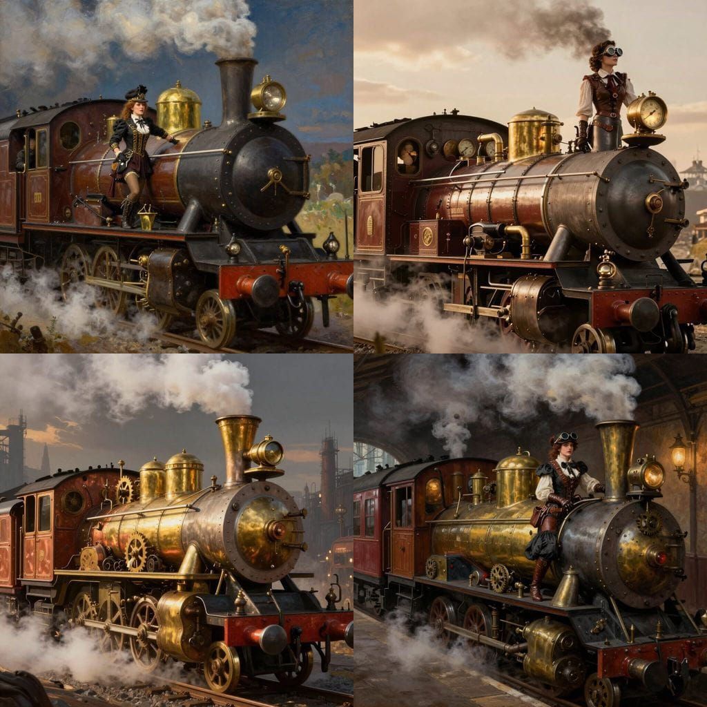 Woman Boards Steampunk Steam Train