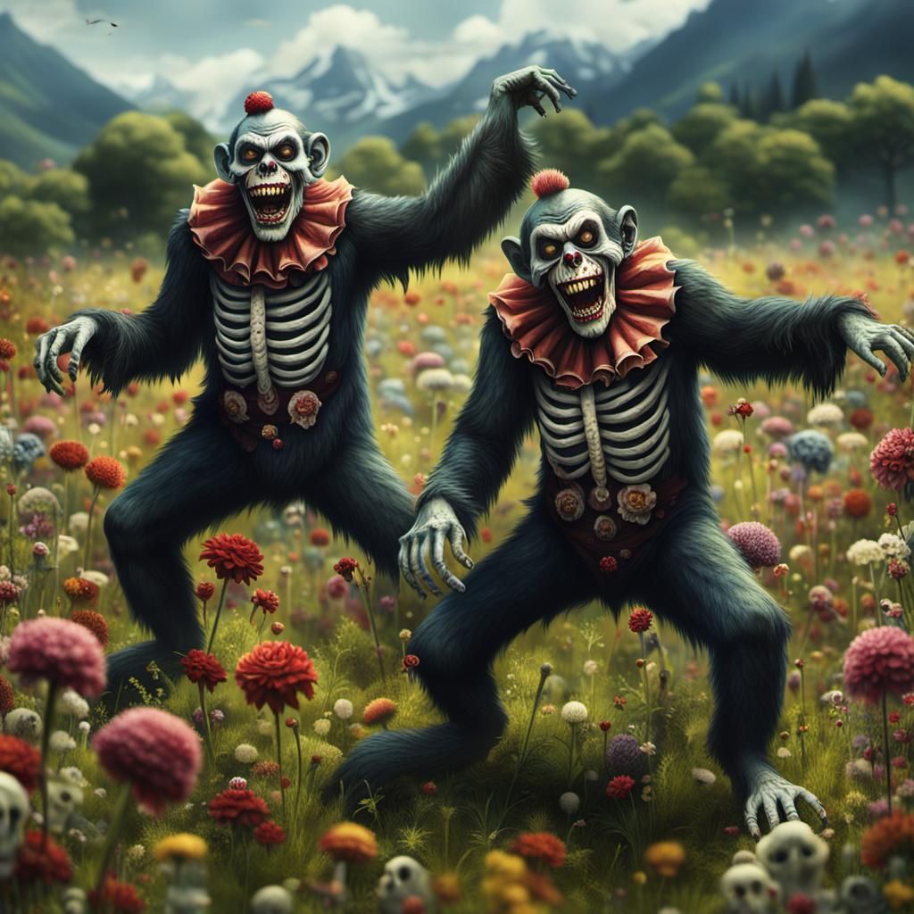 Zombie Monkey Clowns Dancing in Skull Flower Meadow