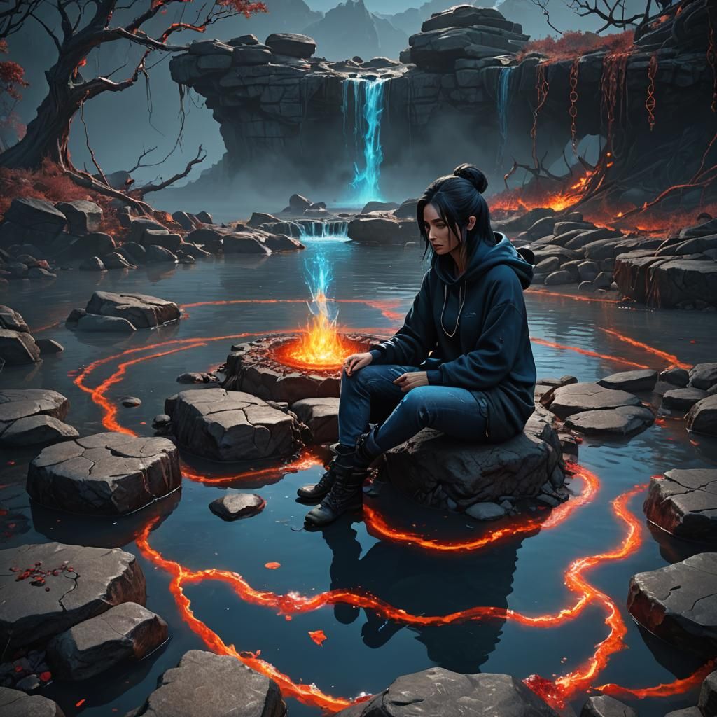 rings of fire, blue glowing water, long black hair in a bun, one  skinny woman, long black hoodie,  jeans with chains, b...
