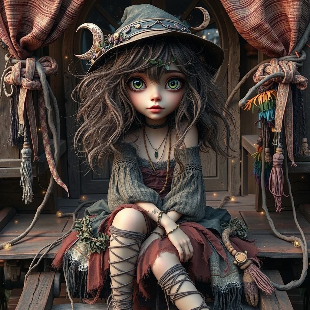 Boho Gypsy Girl with Magical Wagon in Digital Art