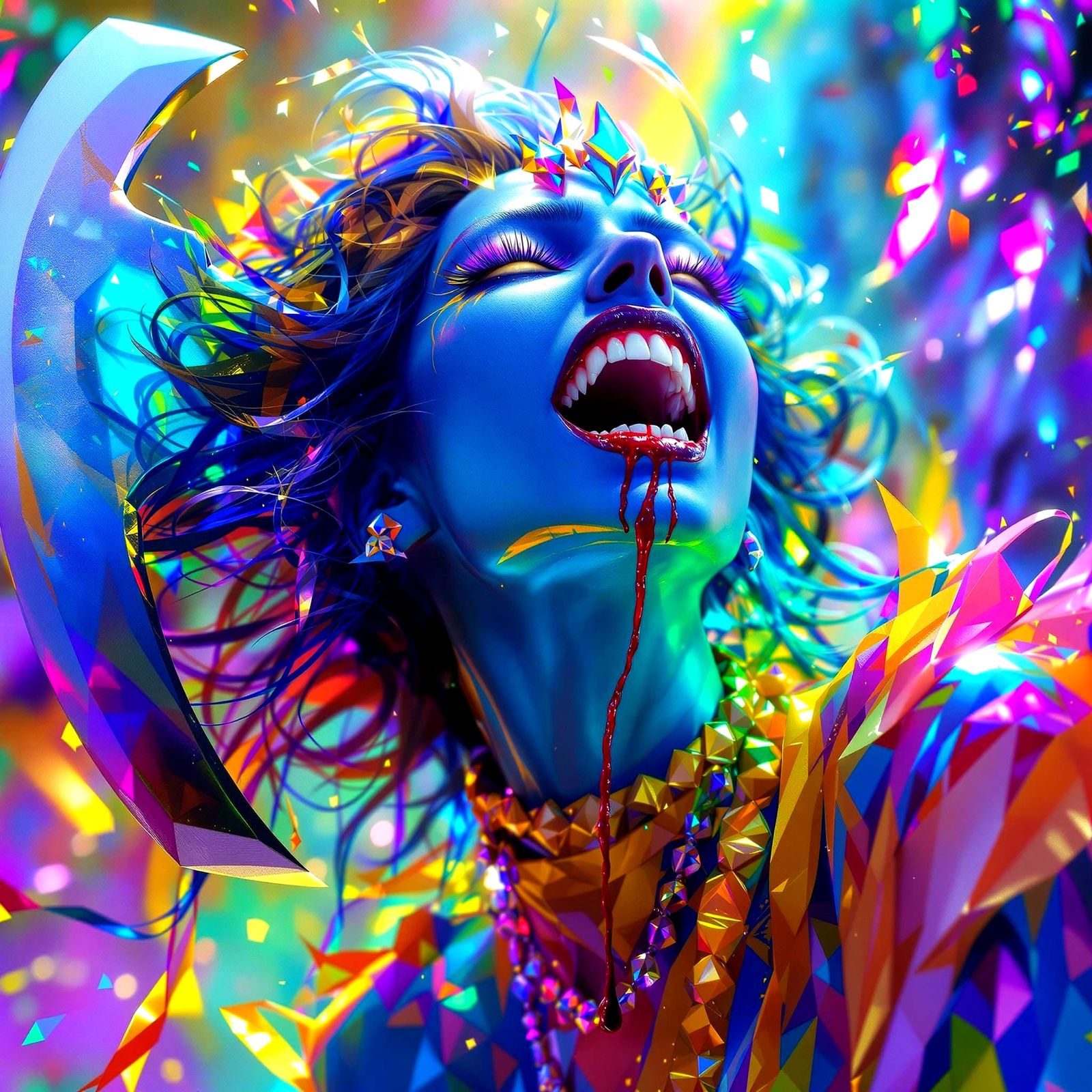 Surreal Blue Woman with Axe in Art Deco Style