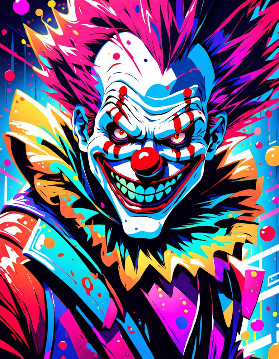 Manic Clown Face in Vibrant Anime Splash Art Style