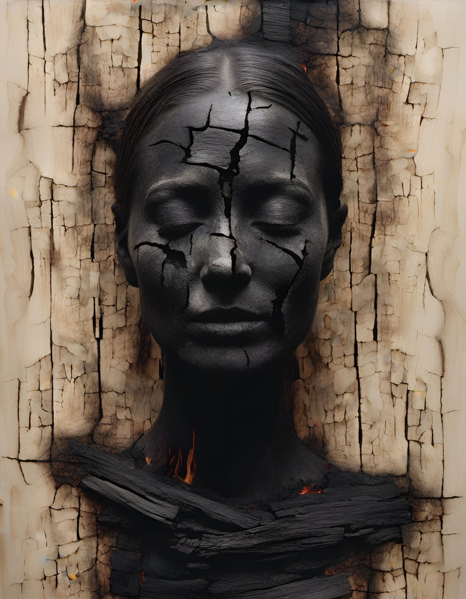 Surreal Charred Pillars with Face, Bruno Walpoth Style