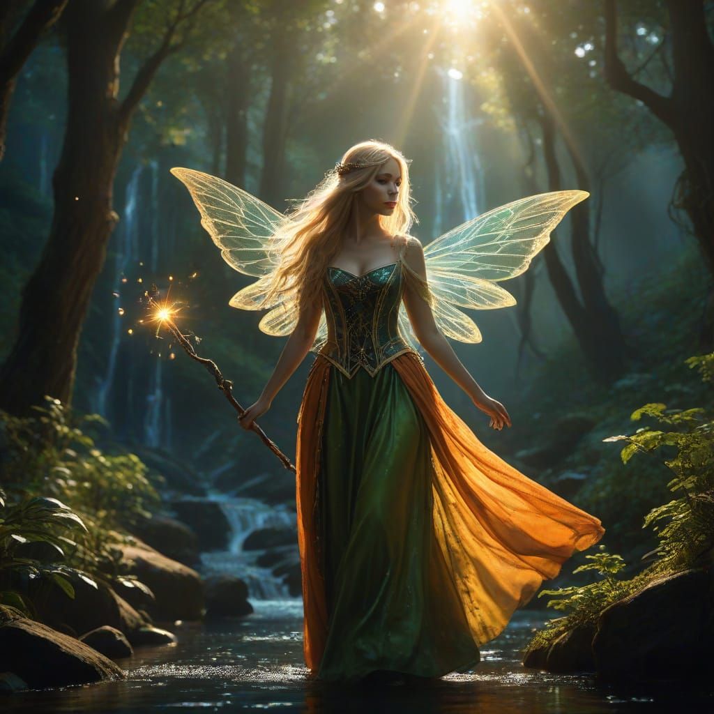Elegant Fairy in Enchanted Forest with Glowing Wand